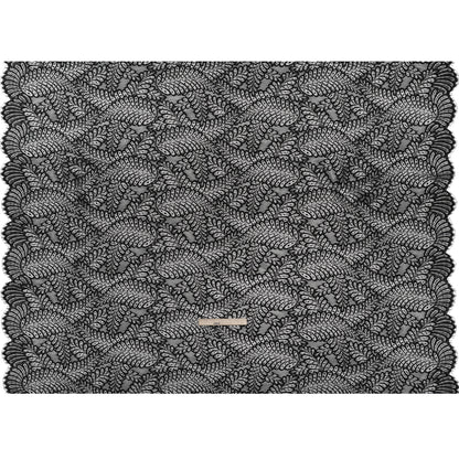 Nylon Raschel Lace Panel with Finished Scalloped Edges - Black Fern Leaves