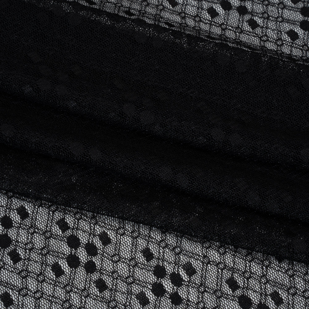 Nylon Raschel Mesh Lace - Black Latticework and Dots - Folded