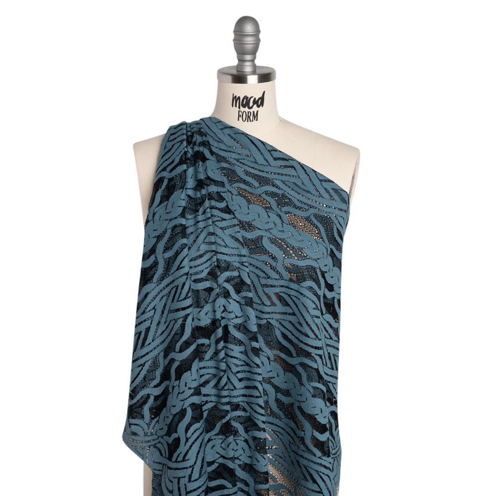 Cotton and Nylon Lace Panel with Finished Edges - Black and Midnight Blue Celtic Knotwork and Braids - Drape