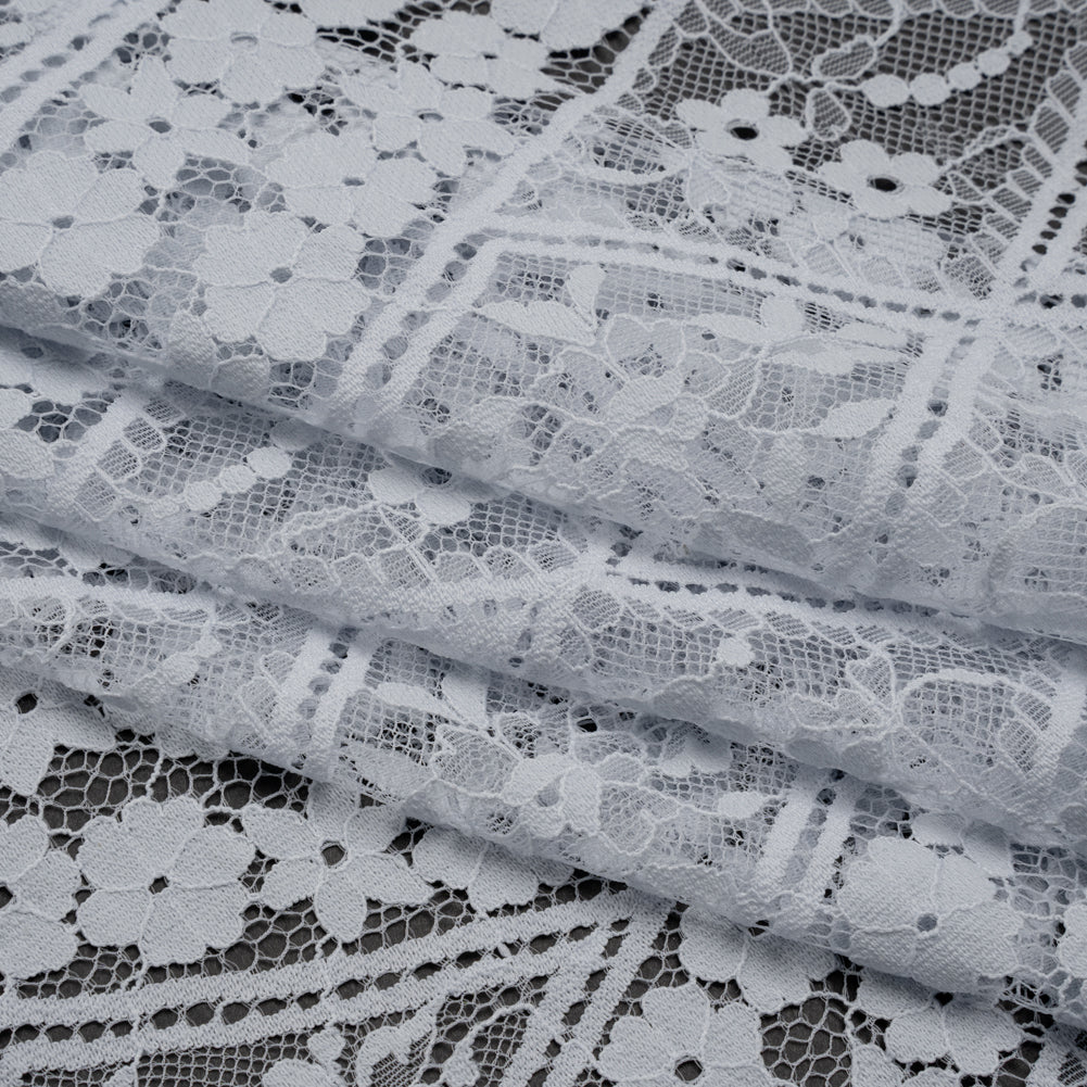 Cotton and Nylon Re-Embroidered Lace Panel with Finished Edges - Pale Blue and Ivory Diamonds and Flowers - Folded