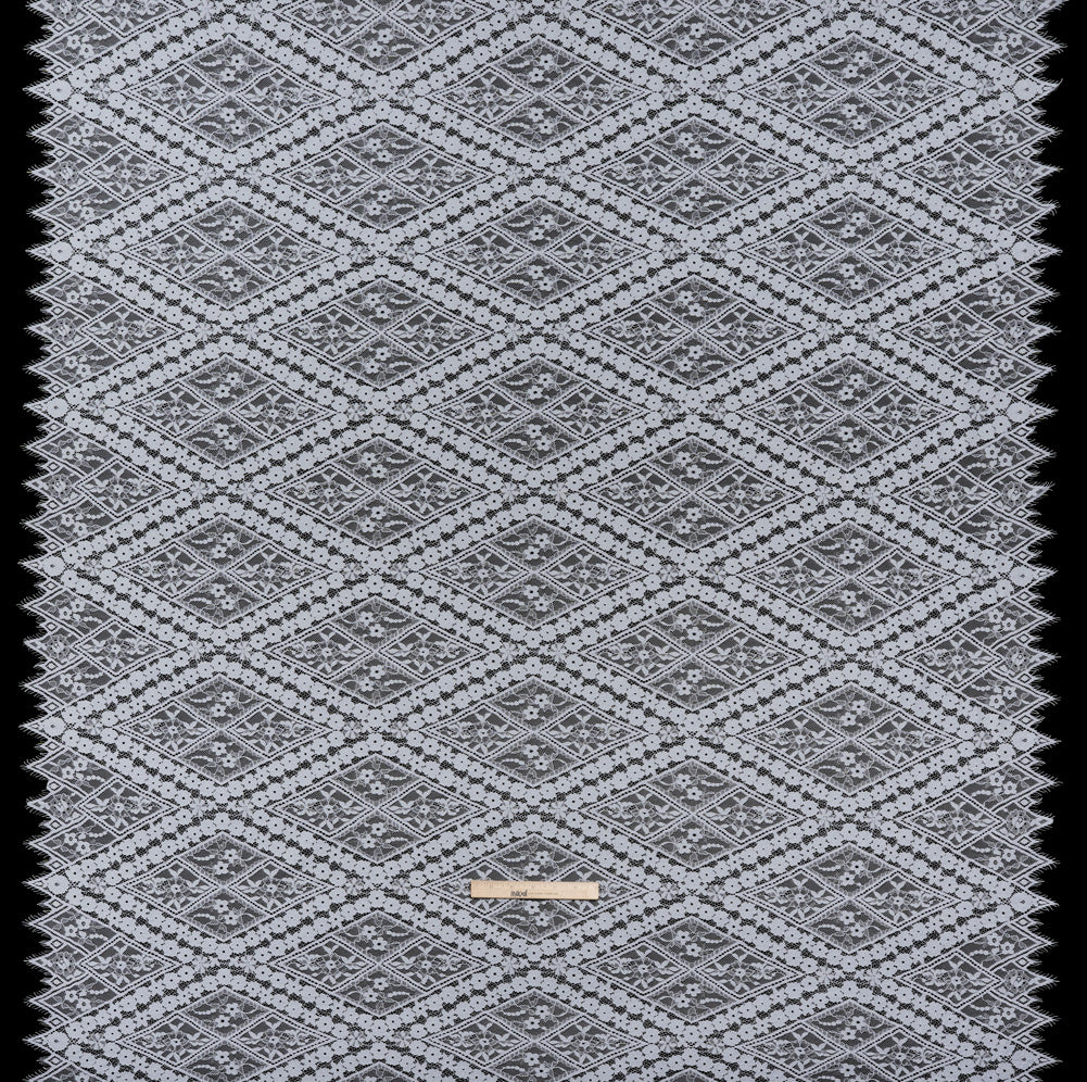 Cotton and Nylon Re-Embroidered Lace Panel with Finished Edges - Pale Blue and Ivory Diamonds and Flowers - Full