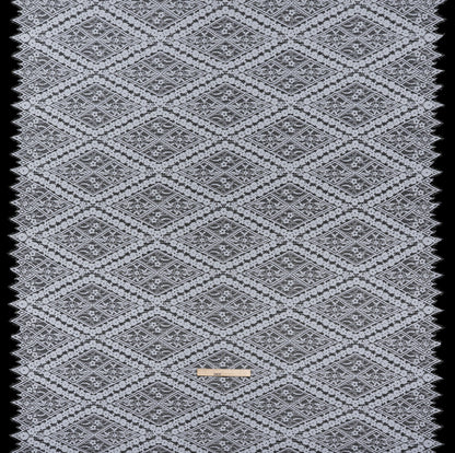Cotton and Nylon Re-Embroidered Lace Panel with Finished Edges - Pale Blue and Ivory Diamonds and Flowers