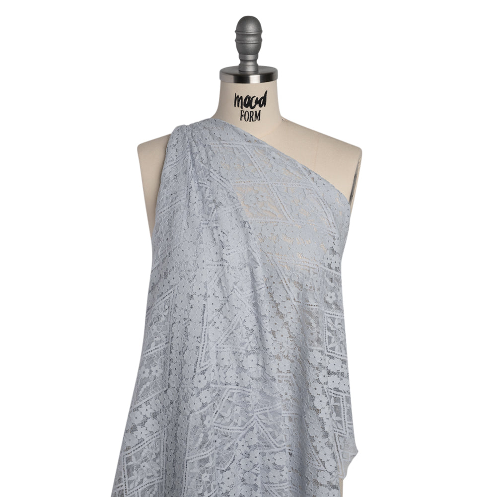 Cotton and Nylon Re-Embroidered Lace Panel with Finished Edges - Pale Blue and Ivory Diamonds and Flowers - Drape