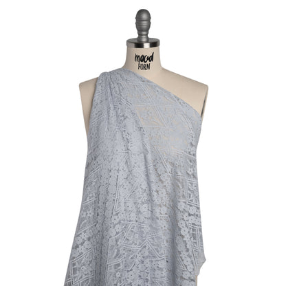 Cotton and Nylon Re-Embroidered Lace Panel with Finished Edges - Pale Blue and Ivory Diamonds and Flowers