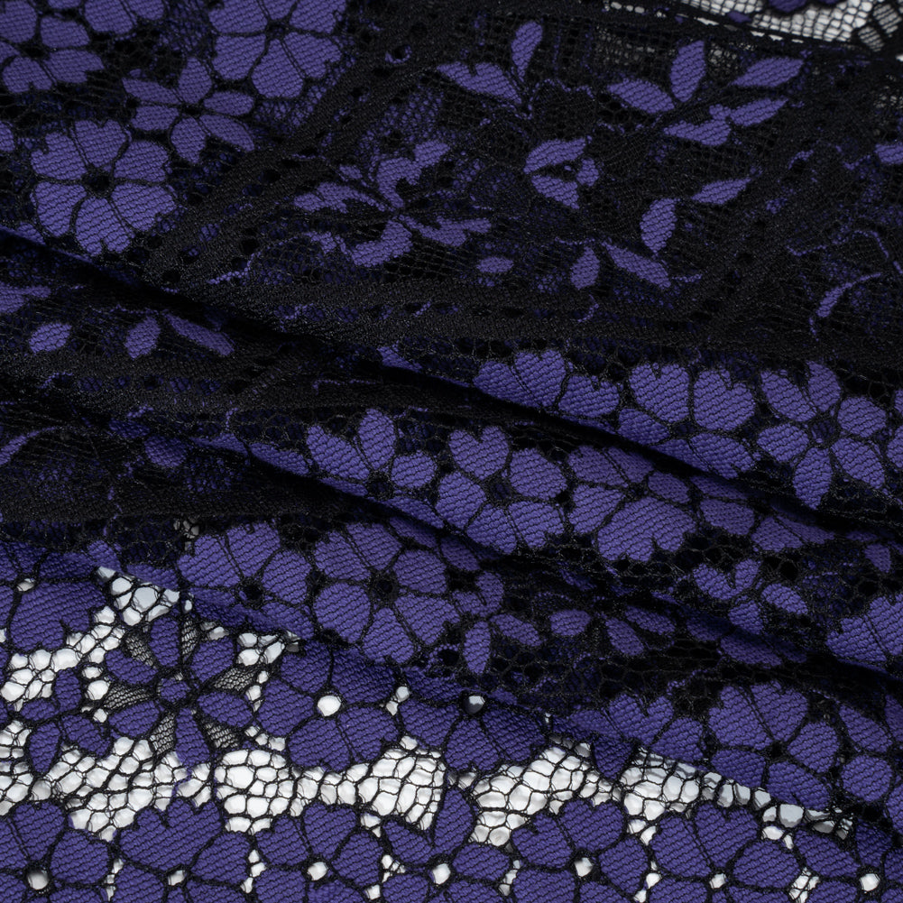 Cotton and Nylon Re-Embroidered Lace Panel with Finished Edges - Black and Blue Iris Diamonds and Flowers - Folded