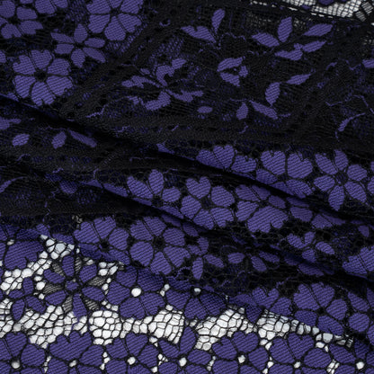 Cotton and Nylon Re-Embroidered Lace Panel with Finished Edges - Black and Blue Iris Diamonds and Flowers