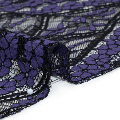 Cotton and Nylon Re-Embroidered Lace Panel with Finished Edges - Black and Blue Iris Diamonds and Flowers