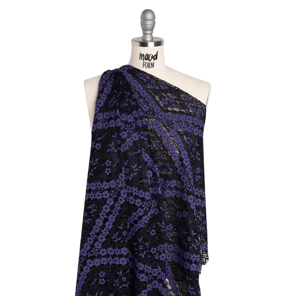 Cotton and Nylon Re-Embroidered Lace Panel with Finished Edges - Black and Blue Iris Diamonds and Flowers - Drape