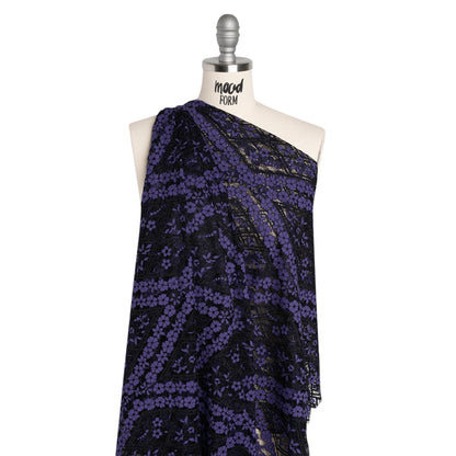 Cotton and Nylon Re-Embroidered Lace Panel with Finished Edges - Black and Blue Iris Diamonds and Flowers