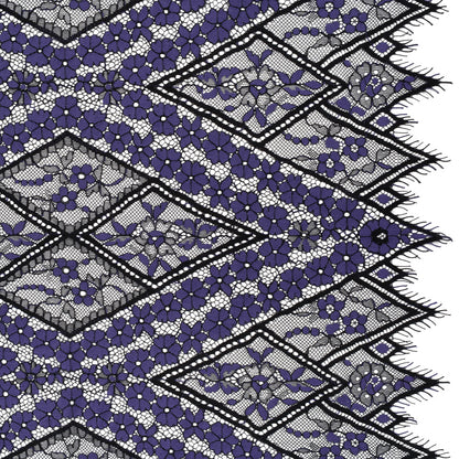 Cotton and Nylon Re-Embroidered Lace Panel with Finished Edges - Black and Blue Iris Diamonds and Flowers