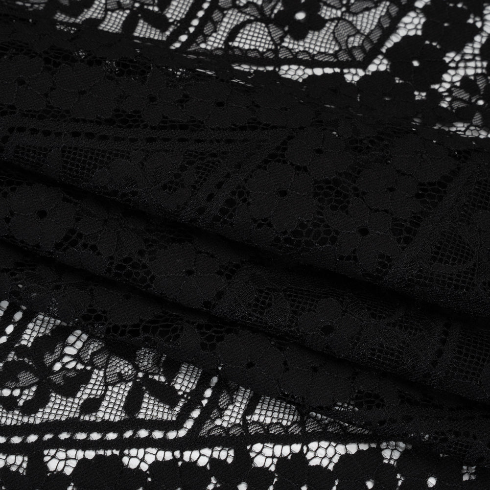 Cotton and Nylon Re-Embroidered Lace Panel with Finished Edges - Black Diamonds and Flowers - Folded