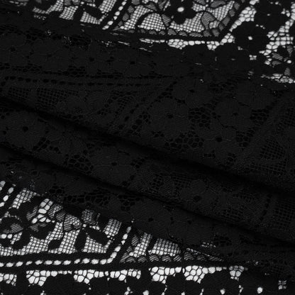 Cotton and Nylon Re-Embroidered Lace Panel with Finished Edges - Black Diamonds and Flowers
