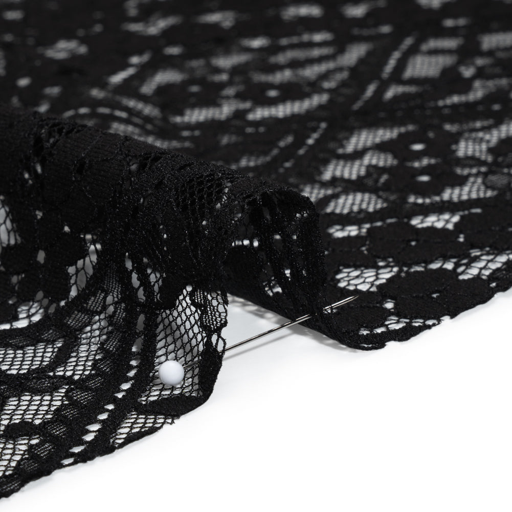 Cotton and Nylon Re-Embroidered Lace Panel with Finished Edges - Black Diamonds and Flowers - Detail