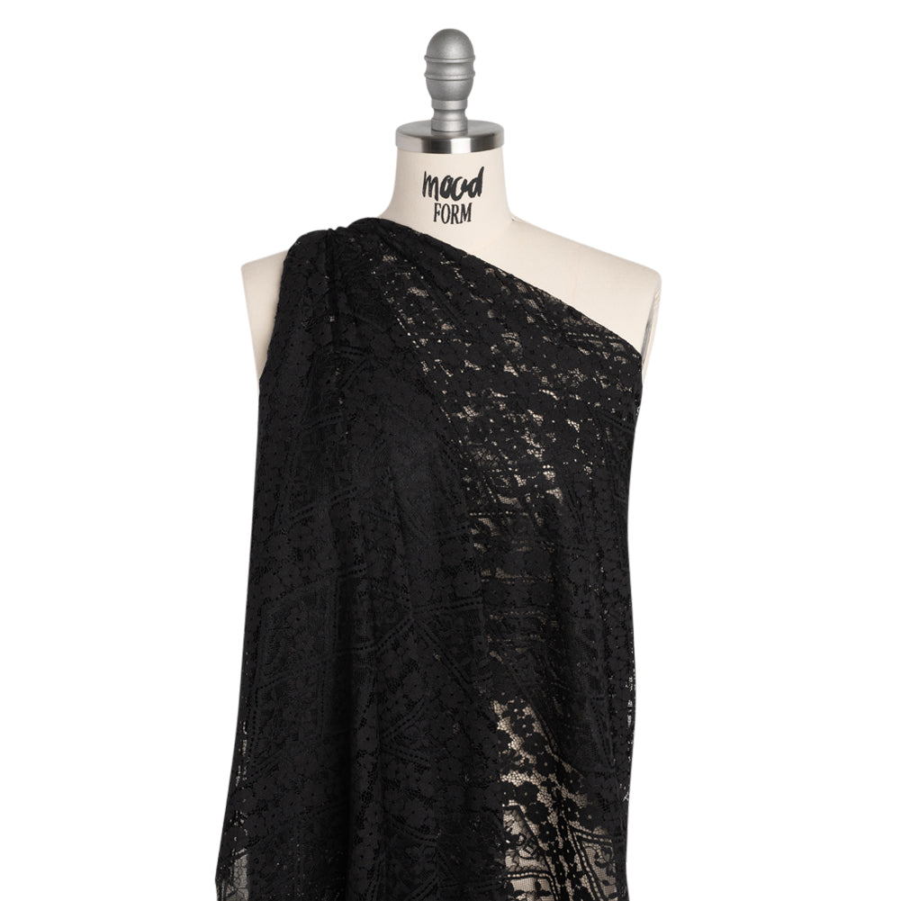 Cotton and Nylon Re-Embroidered Lace Panel with Finished Edges - Black Diamonds and Flowers - Drape