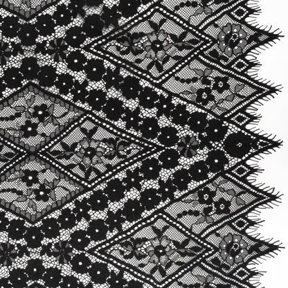 Cotton and Nylon Re-Embroidered Lace Panel with Finished Edges - Black Diamonds and Flowers