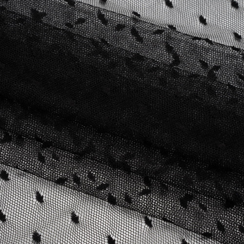 Nylon Raschel Point D'Esprit Lace - Black Polka Dots - Folded