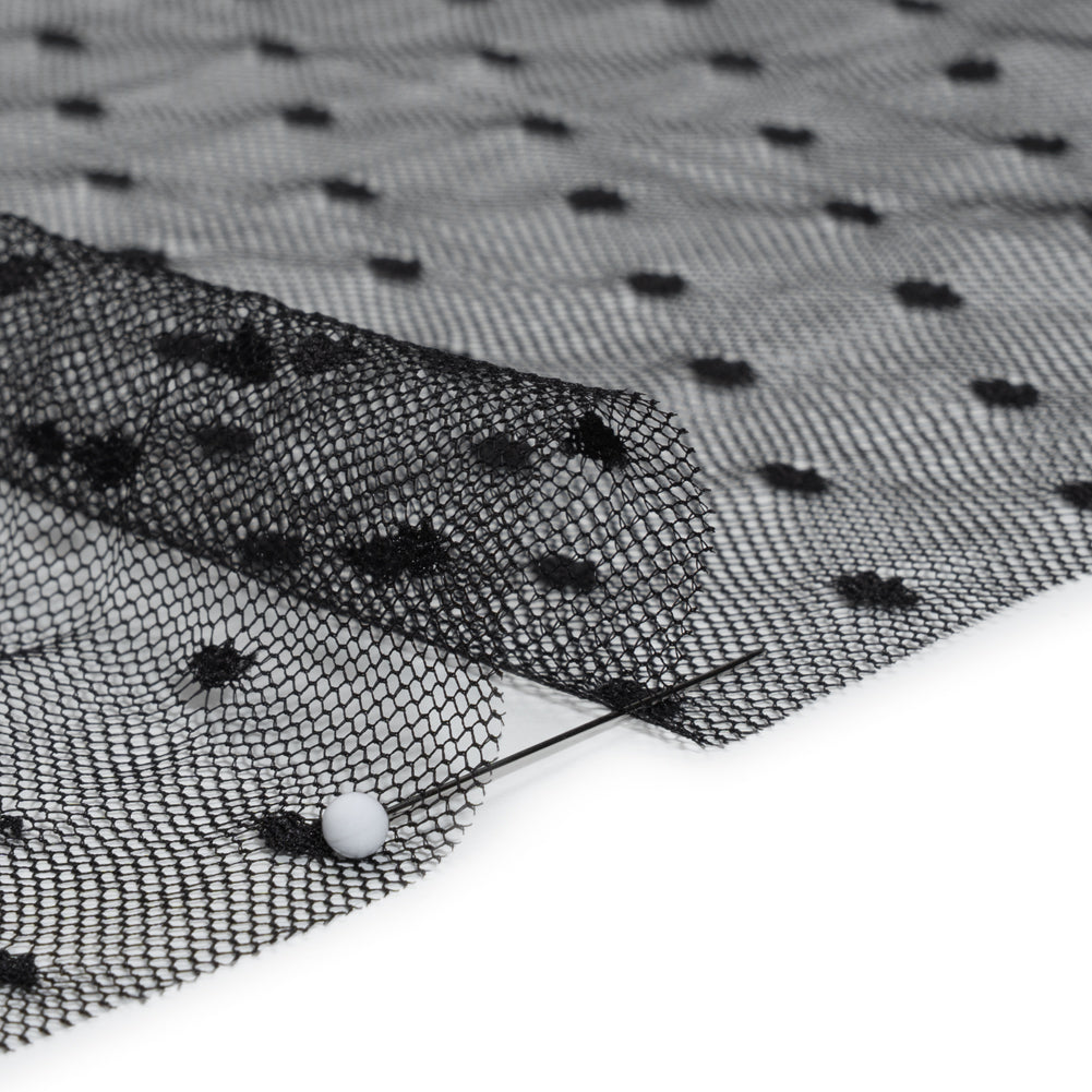Nylon Raschel Point D'Esprit Lace - Black Polka Dots - Detail