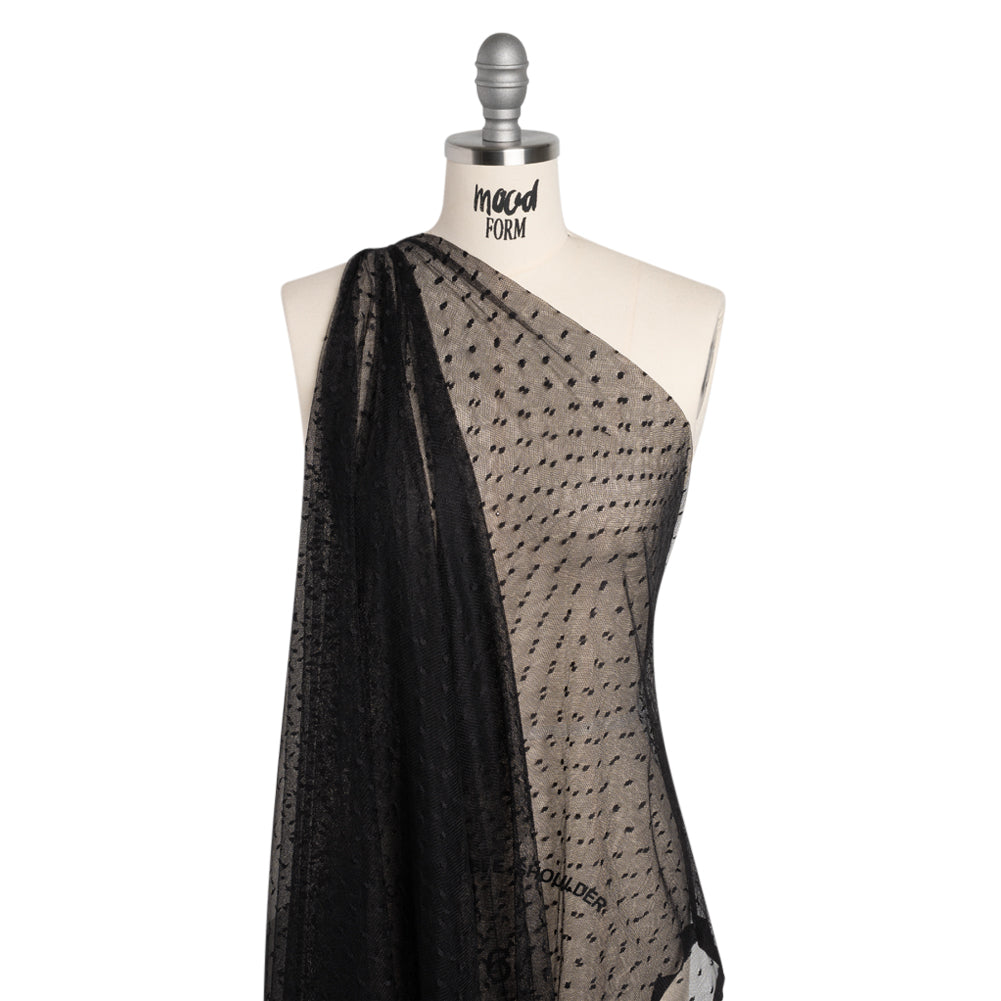 Nylon Raschel Point D'Esprit Lace - Black Polka Dots - Drape
