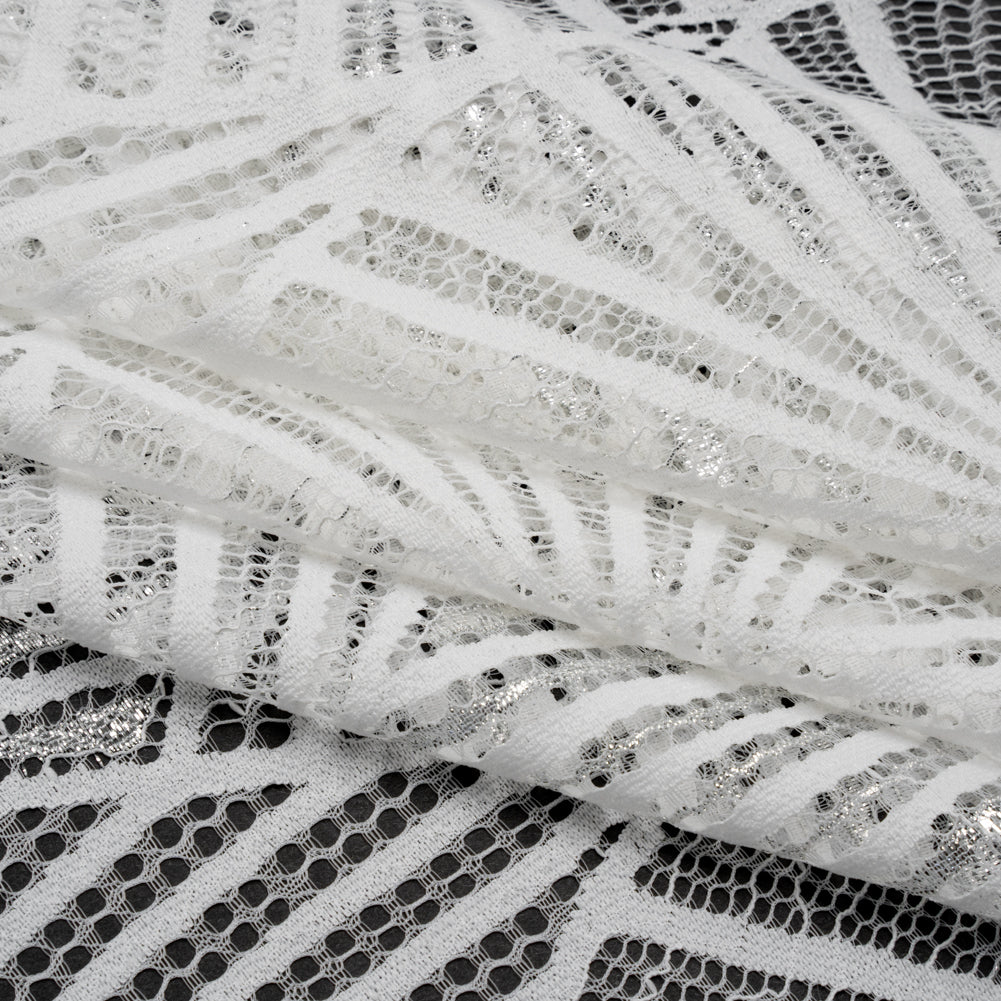 Metallic Lace Panel with Finished Edges - Silver and White Geometric Starburst - Folded