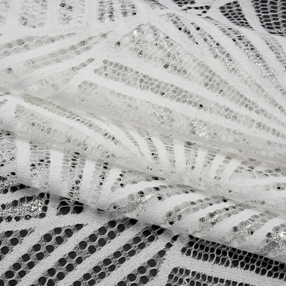 Metallic Lace Panel with Finished Edges - Silver and White Geometric Starburst