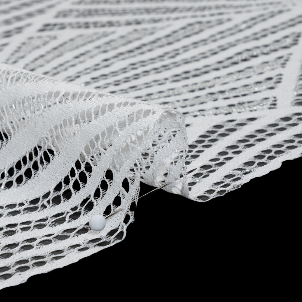 Metallic Lace Panel with Finished Edges - Silver and White Geometric Starburst - Detail