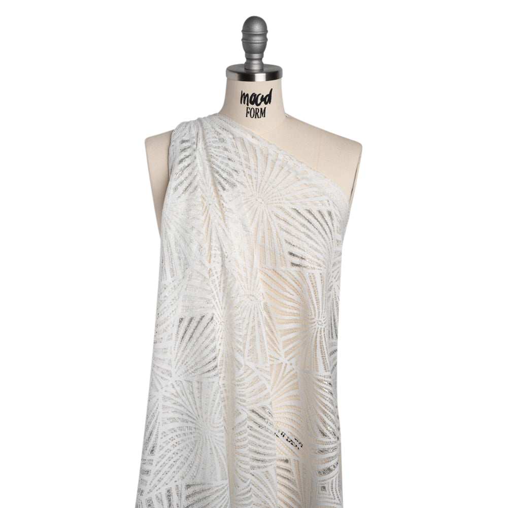 Metallic Lace Panel with Finished Edges - Silver and White Geometric Starburst - Drape