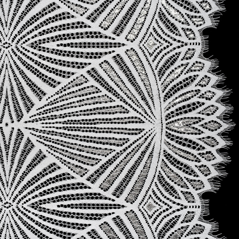 Metallic Lace Panel with Finished Edges - Silver and White Geometric Starburst