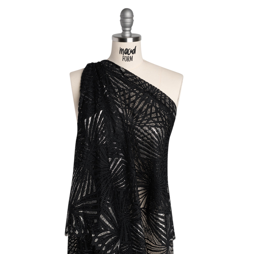 Metallic Lace Panel with Finished Edges - Silver and Black Geometric Starburst - Drape