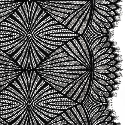 Metallic Lace Panel with Finished Edges - Silver and Black Geometric Starburst