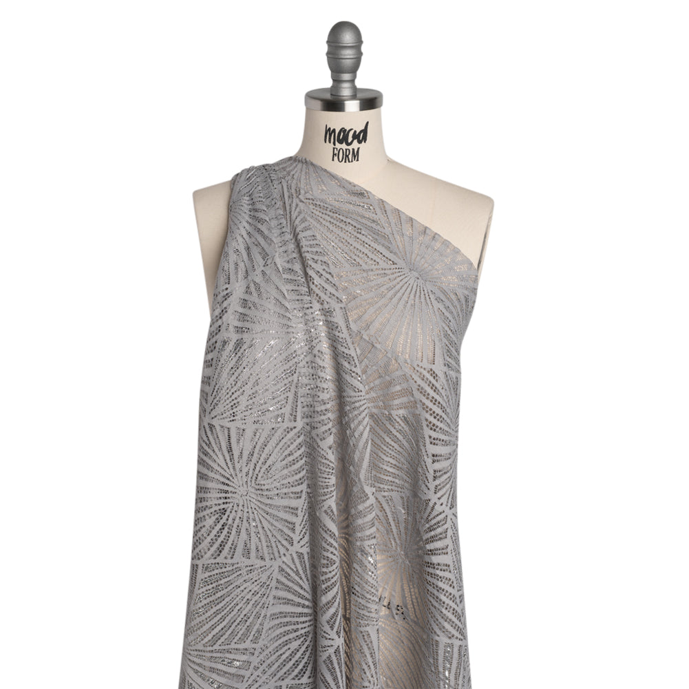 Metallic Lace Panel with Finished Edges - Silver and Gray Geometric Starburst - Drape