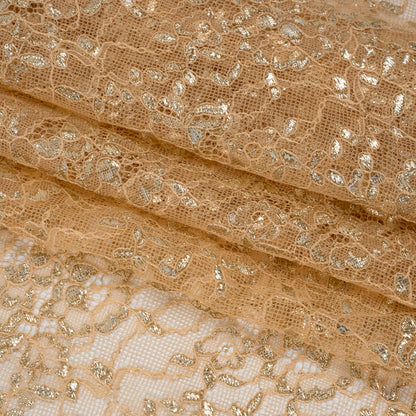 Metallic Re-Embroidered Lace Panel with Finished Edges - Apricot Ice and Gold Floral Vines