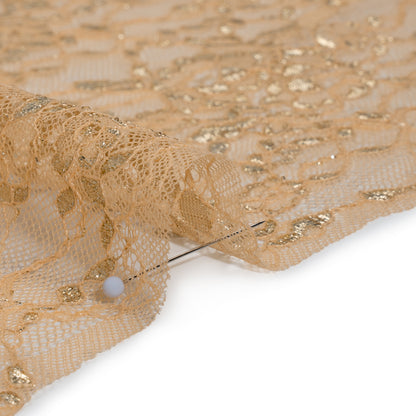 Metallic Re-Embroidered Lace Panel with Finished Edges - Apricot Ice and Gold Floral Vines