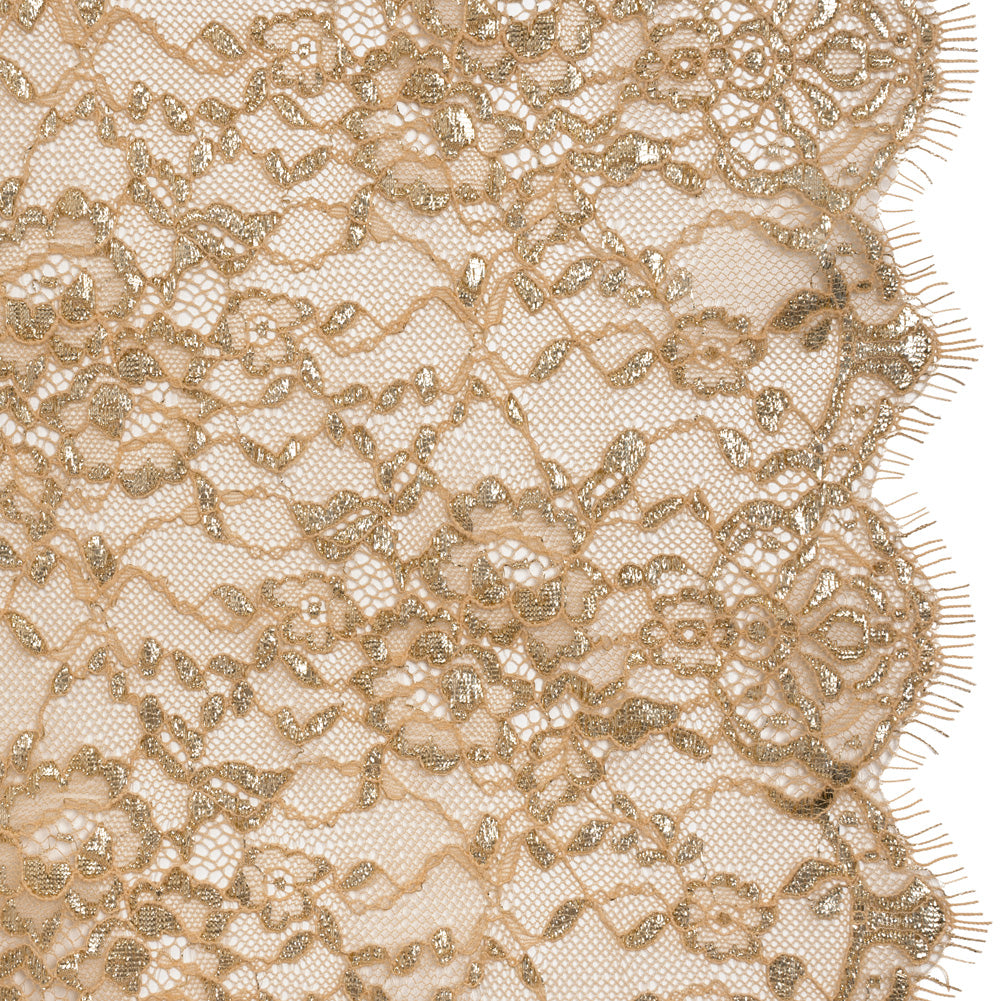Metallic Re-Embroidered Lace Panel with Finished Edges - Apricot Ice and Gold Floral Vines