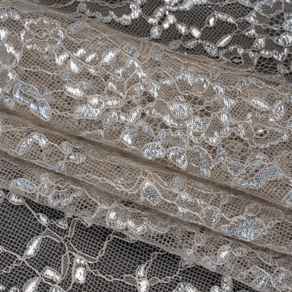 Metallic Re-Embroidered Lace Panel with Finished Edges - Sandstone and Silver Floral Vines - Folded