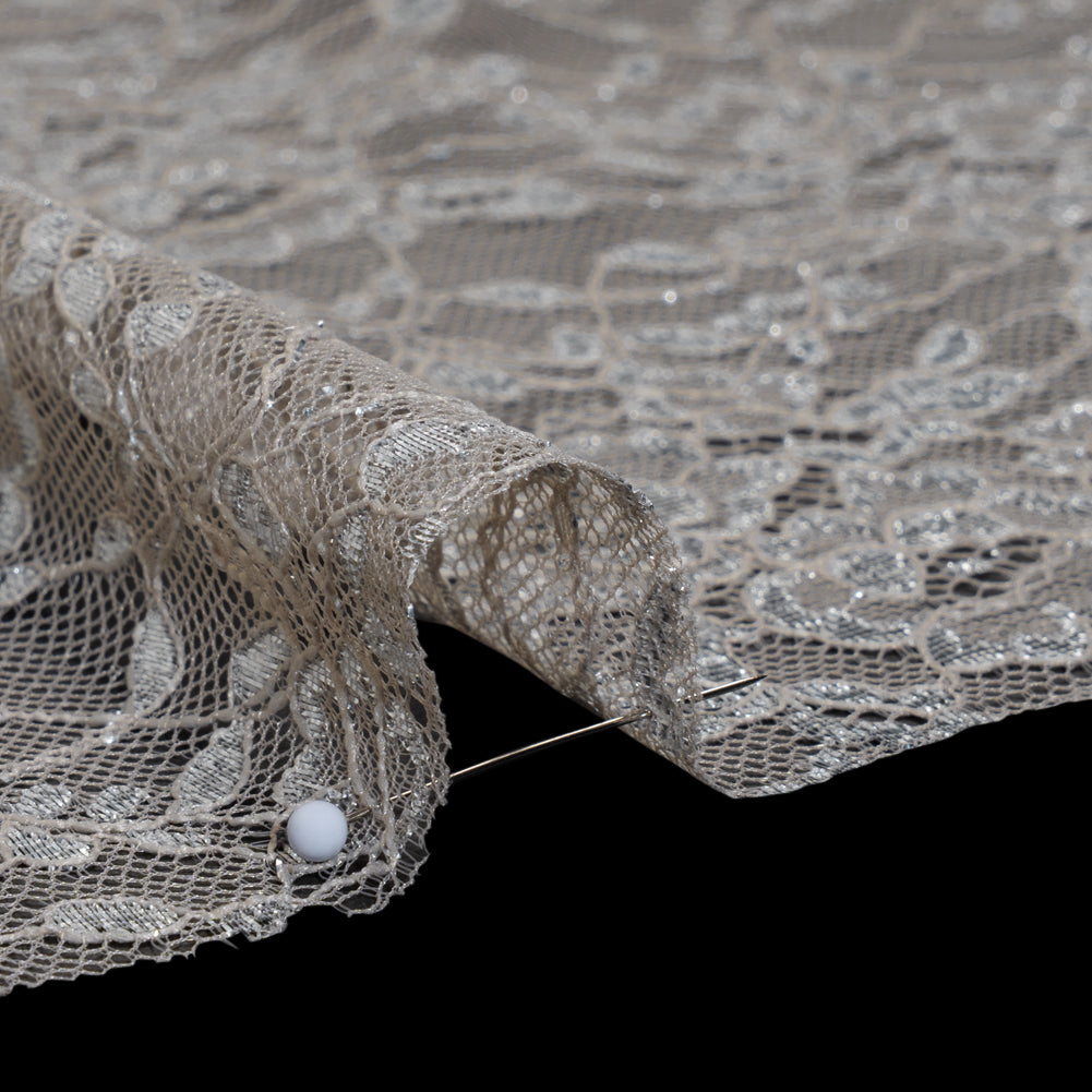 Metallic Re-Embroidered Lace Panel with Finished Edges - Sandstone and Silver Floral Vines - Detail