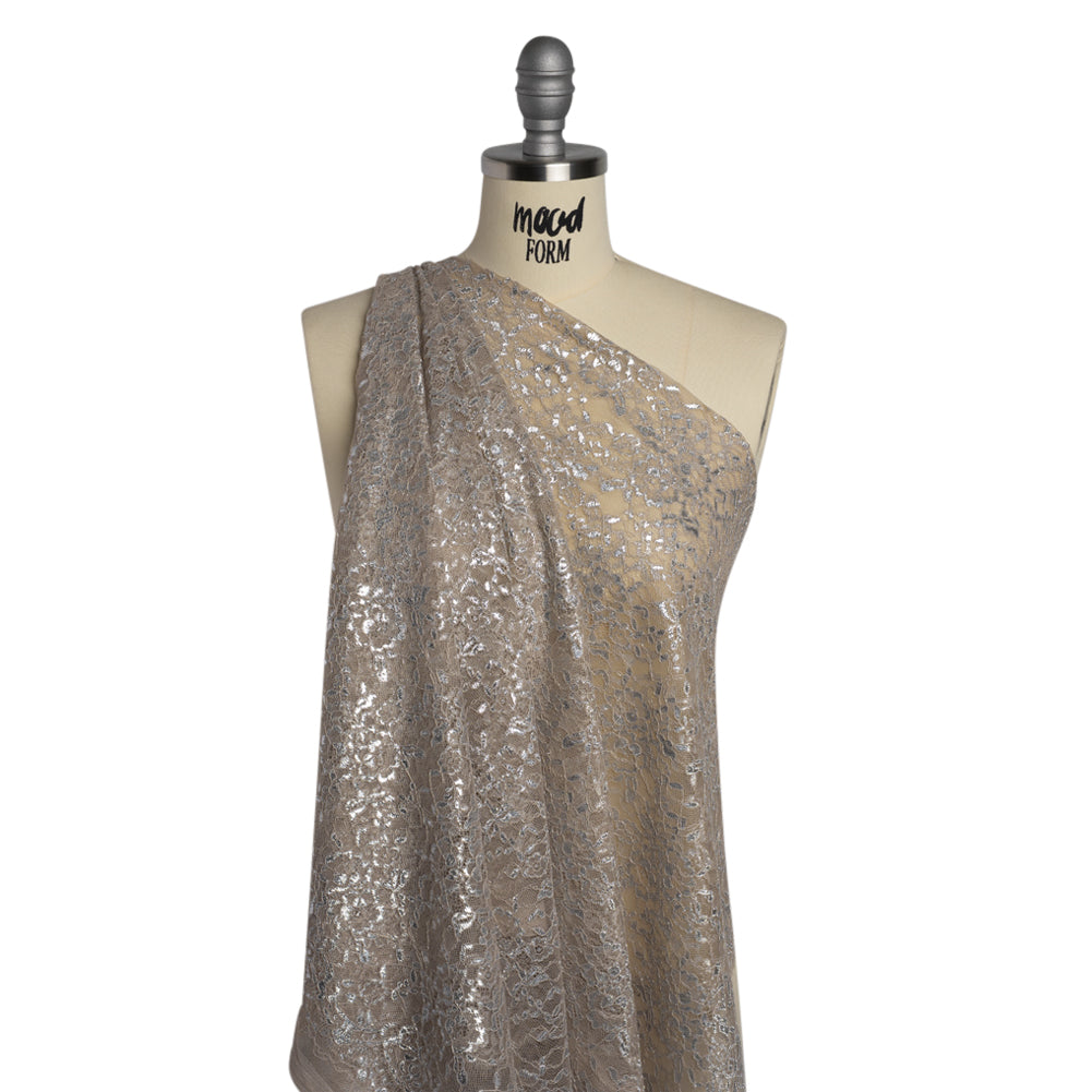 Metallic Re-Embroidered Lace Panel with Finished Edges - Sandstone and Silver Floral Vines - Drape