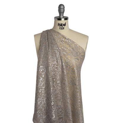 Metallic Re-Embroidered Lace Panel with Finished Edges - Sandstone and Silver Floral Vines