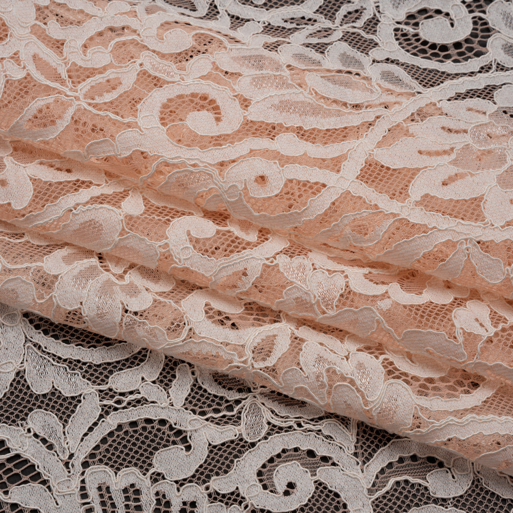 Corded Lace with Finished Edges - Pale Blush and Ivory Flowering Vines - Folded