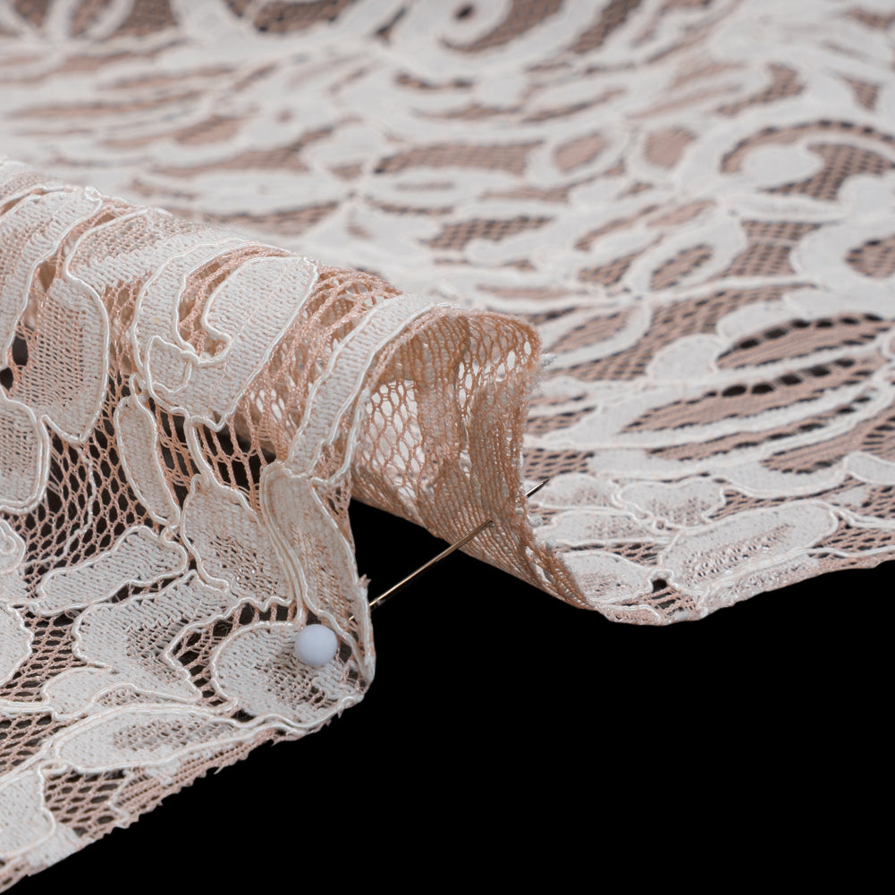 Corded Lace with Finished Edges - Pale Blush and Ivory Flowering Vines - Detail