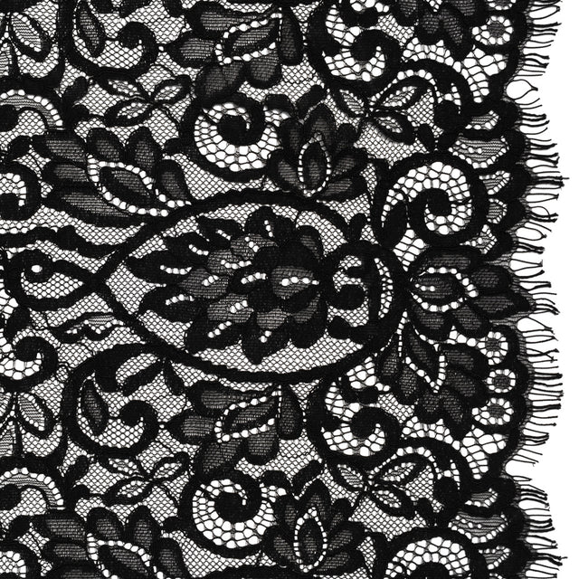 Corded Lace with Finished Edges - Black Flowering Vines