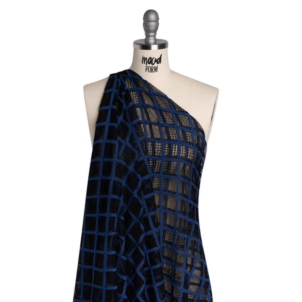 Corded Lace with Little Scalloped Finished Edges - Surf Blue and Black Diamond Lattice - Drape