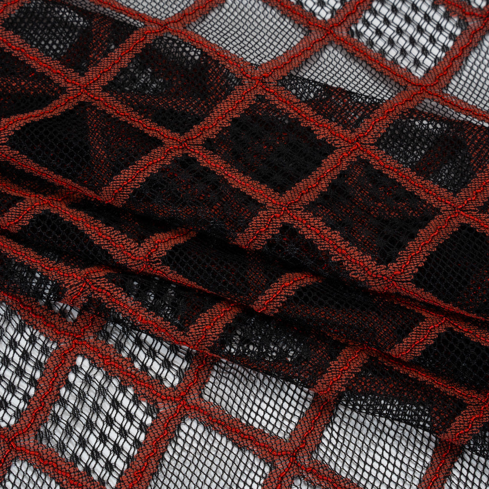 Corded Lace with Little Scalloped Finished Edges - Red and Black Diamond Lattice - Folded