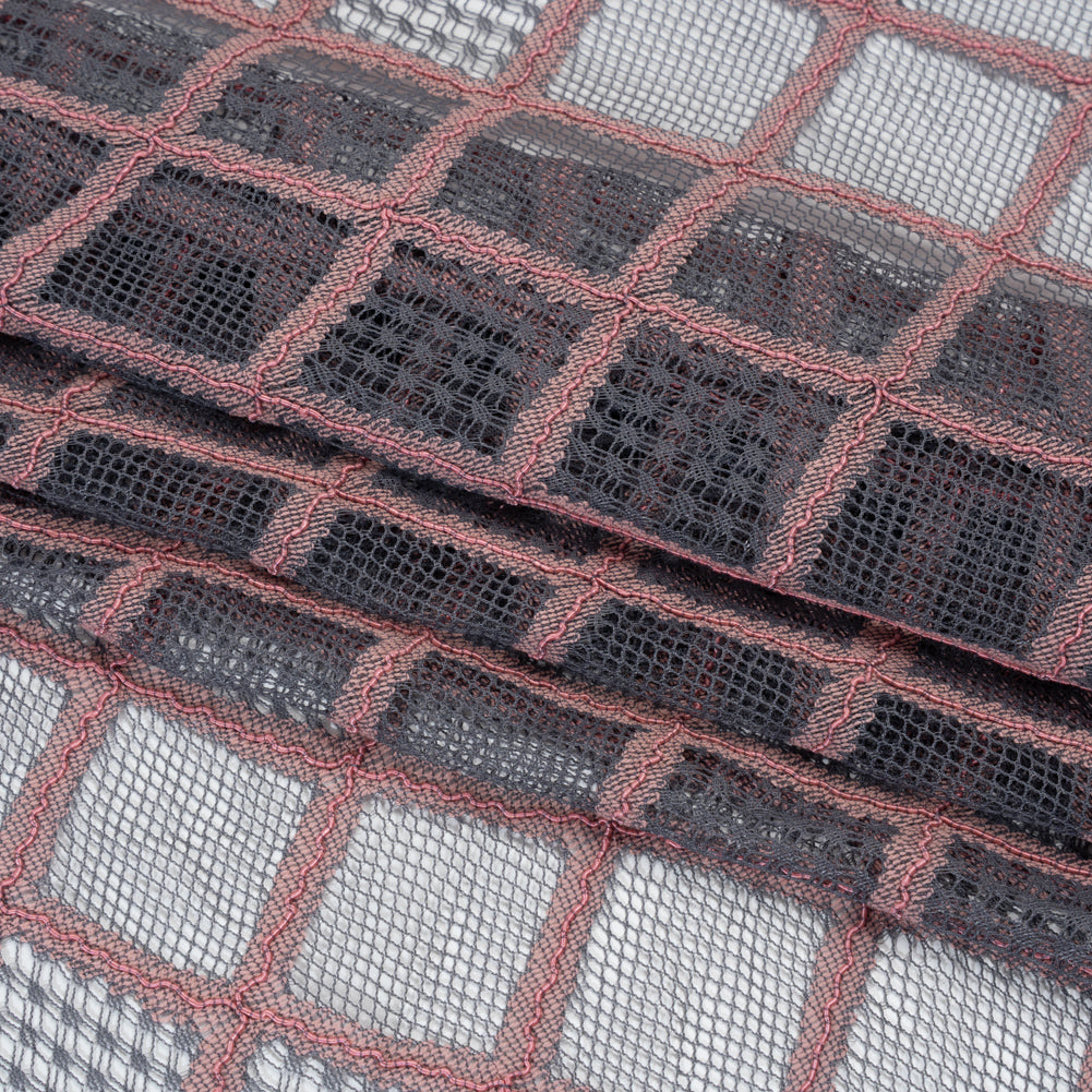 Corded Lace with Little Scalloped Finished Edges - Gray and Dusty Rose Diamond Lattice - Folded