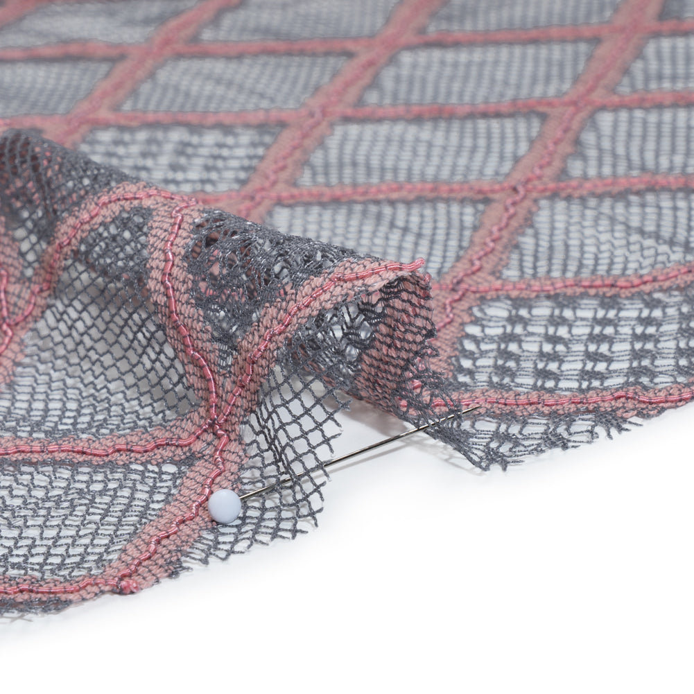 Corded Lace with Little Scalloped Finished Edges - Gray and Dusty Rose Diamond Lattice - Detail