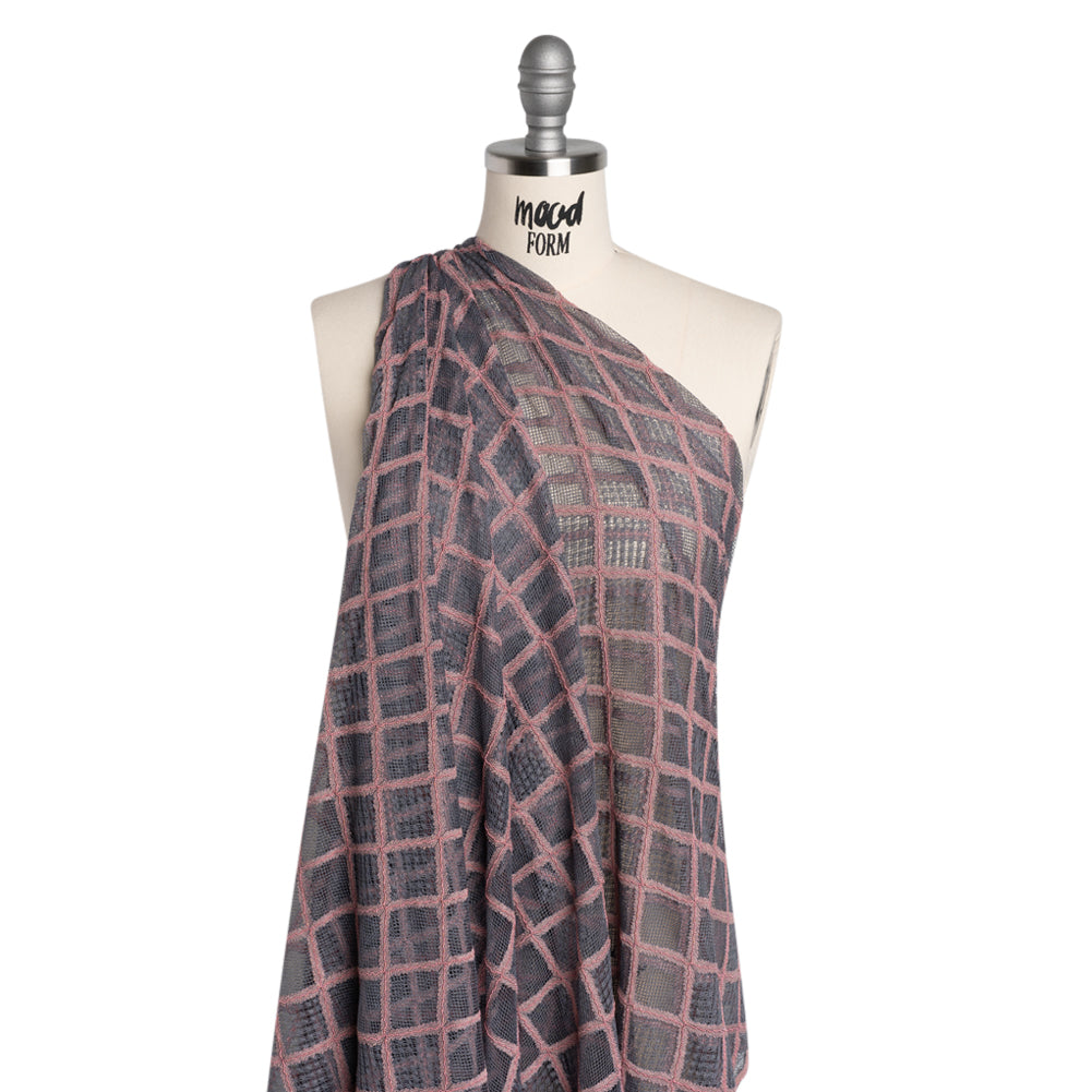 Corded Lace with Little Scalloped Finished Edges - Gray and Dusty Rose Diamond Lattice - Drape