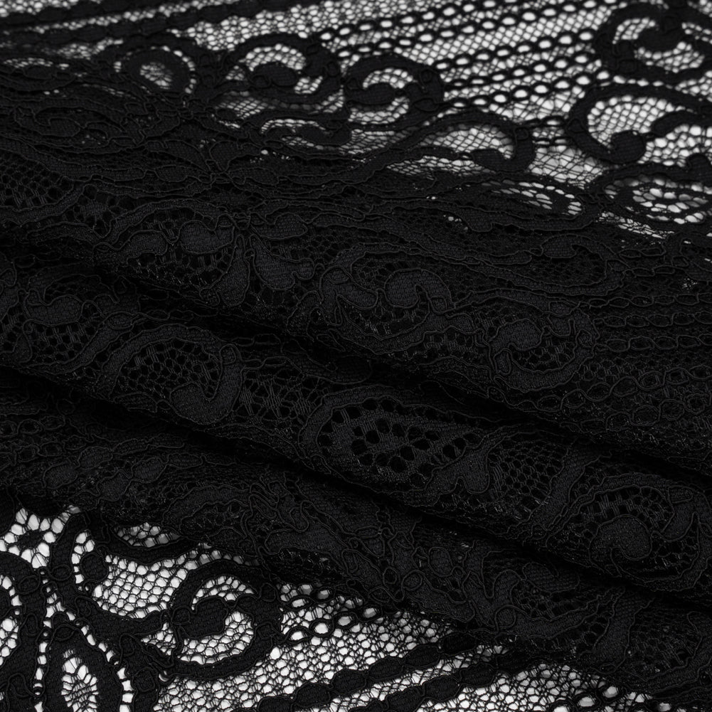 Corded Lace with Fringed and Scalloped Edges - Black Vine Stripes - Folded