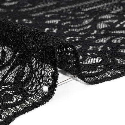 Corded Lace with Fringed and Scalloped Edges - Black Vine Stripes