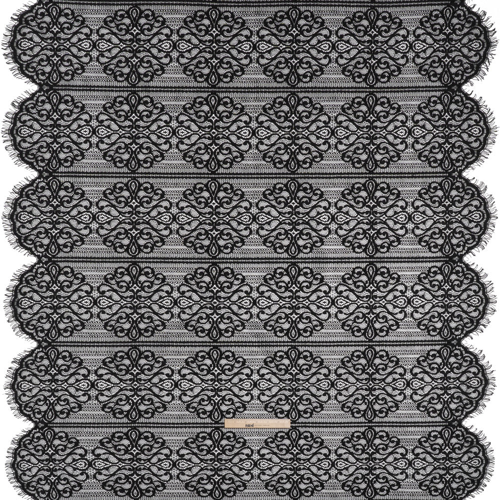 Corded Lace with Fringed and Scalloped Edges - Black Vine Stripes - Full