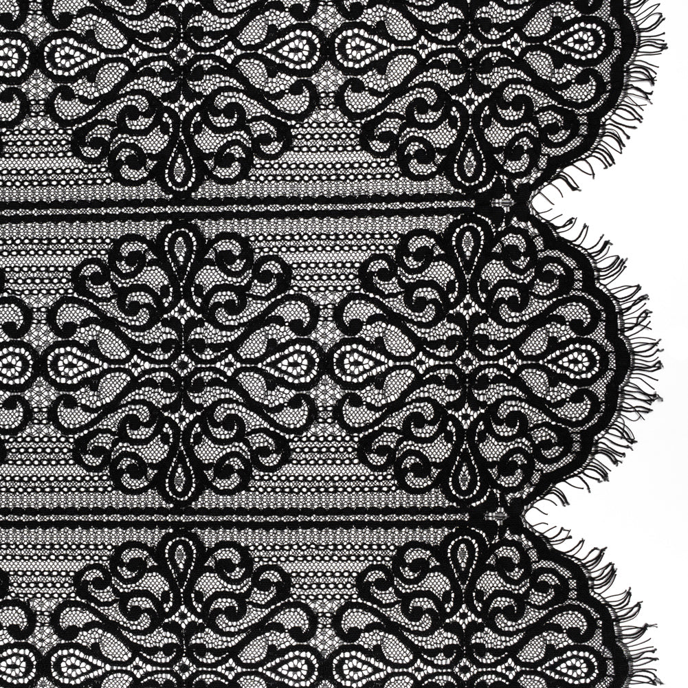 Corded Lace with Fringed and Scalloped Edges - Black Vine Stripes