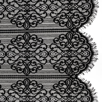 Corded Lace with Fringed and Scalloped Edges - Black Vine Stripes
